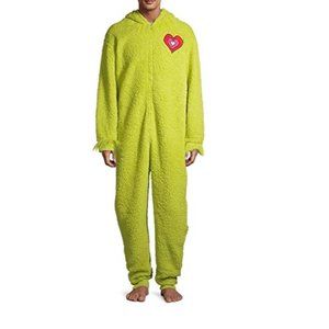 The Grinch Men's Fuzzy Plush Warm Holiday Hooded Union Suit Pajama